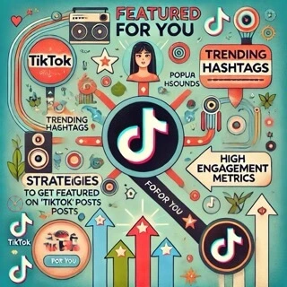 An engaging illustration showing strategies to get featured on TikTok, including trending hashtags, viral music, and content planning.
