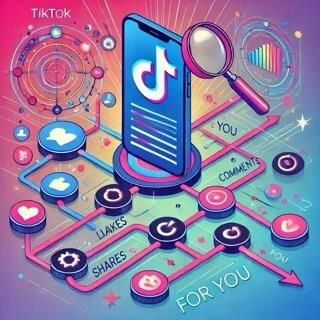 A dynamic illustration showcasing the TikTok algorithm with graphs, hashtags, and user engagement icons.