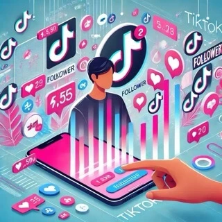 An illustration of a person using TikTok, analyzing trends and follower statistics, representing strategies to grow followers on the platform.